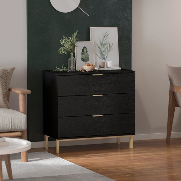 KULAGAGA 3-Drawer Bedroom Chest, Bedsides End Table Organizer with Gold Metal Legs for Living Room, Black