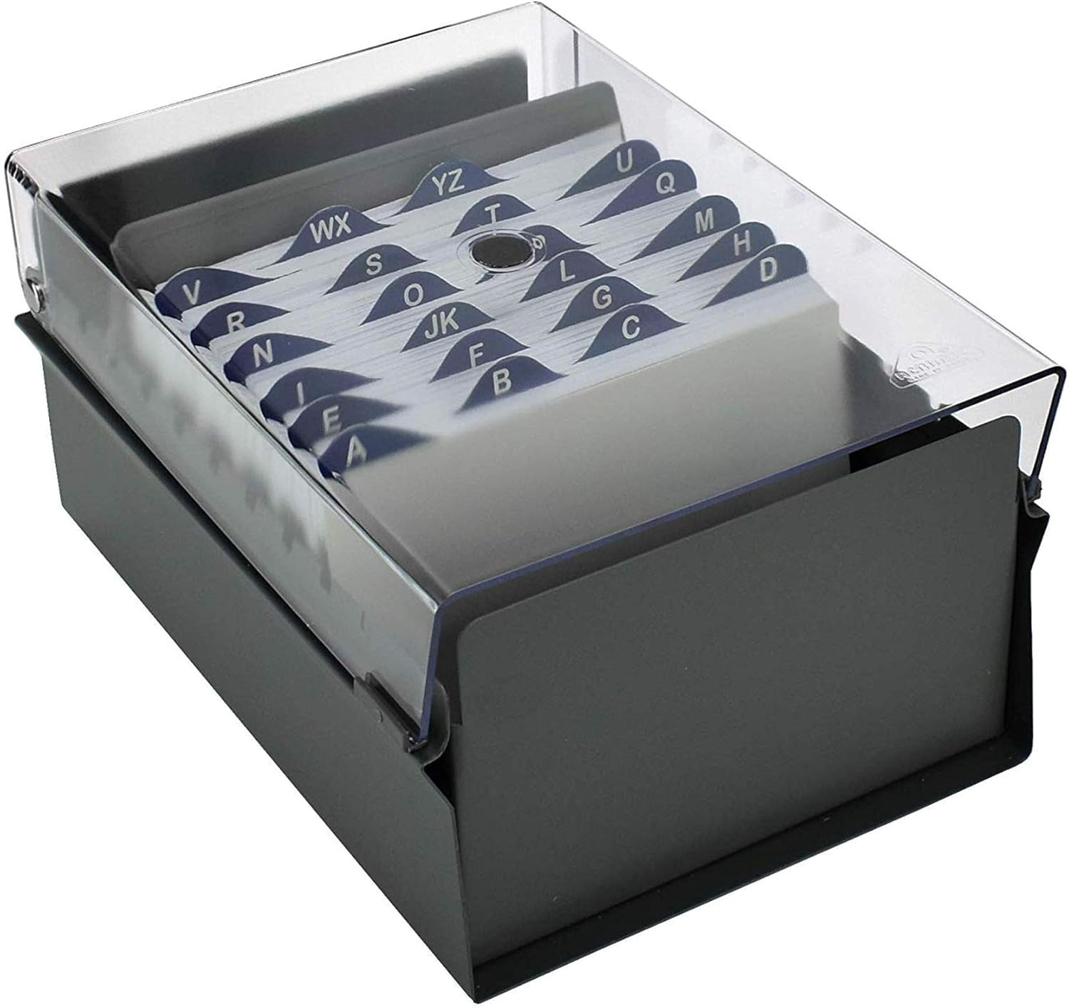 Acrimet 4 x 6 Card File Holder Organizer Box Metal Base Heavy Duty (AZ Index Cards and Divider Included) (Gray Color with Clear Crystal Plastic Lid Cover)
