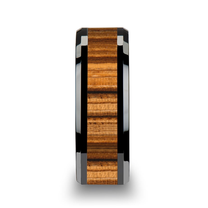 Thorsten ZEBRANO Black Ceramic Ring with Beveled Edge Wedding Band and Real Zebra Wood Inlay 4mm from Roy Rose Jewelry 