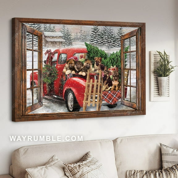 German Shepherd, Cute puppy, Red truck, Christmas vacation, Snow village - Jesus Landscape poster Prints, Home Decor Wall Art, UNFRAMED-8x12