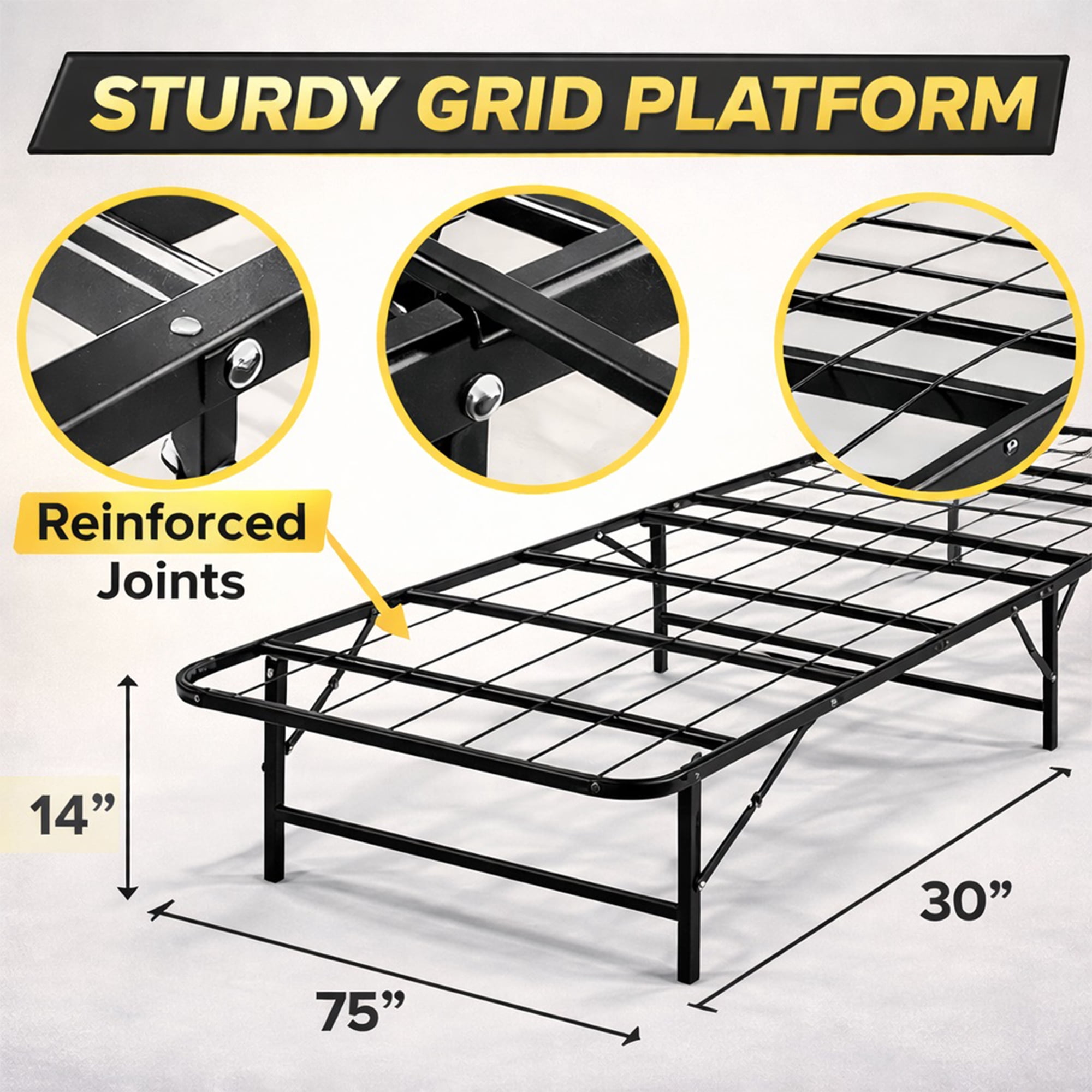 Continental Sleep, 14-Inch Foldable Metal Platform Bed Frame with Tool Free Setup, Sturdy Steel, No Box Spring Needed, 75" x 30", Black