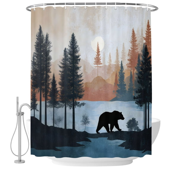 72x78 Inch Shower Curtain Cabin Bear Forest Bathroom Decor, Waterproof Fabric Bathtub Bath Curtains Decorative Farmhouse Lake Pine Trees Landscape Extra Long Shower Curtain Set with Hooks