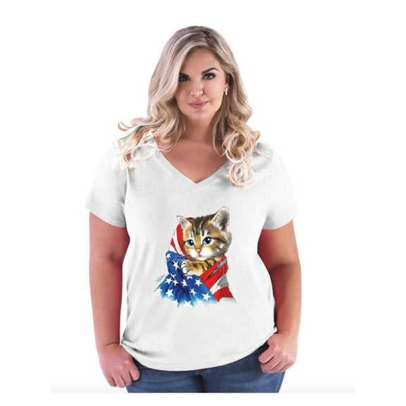 Women's Plus Size V-neck T-Shirt - American Flag 4th of July Kitty