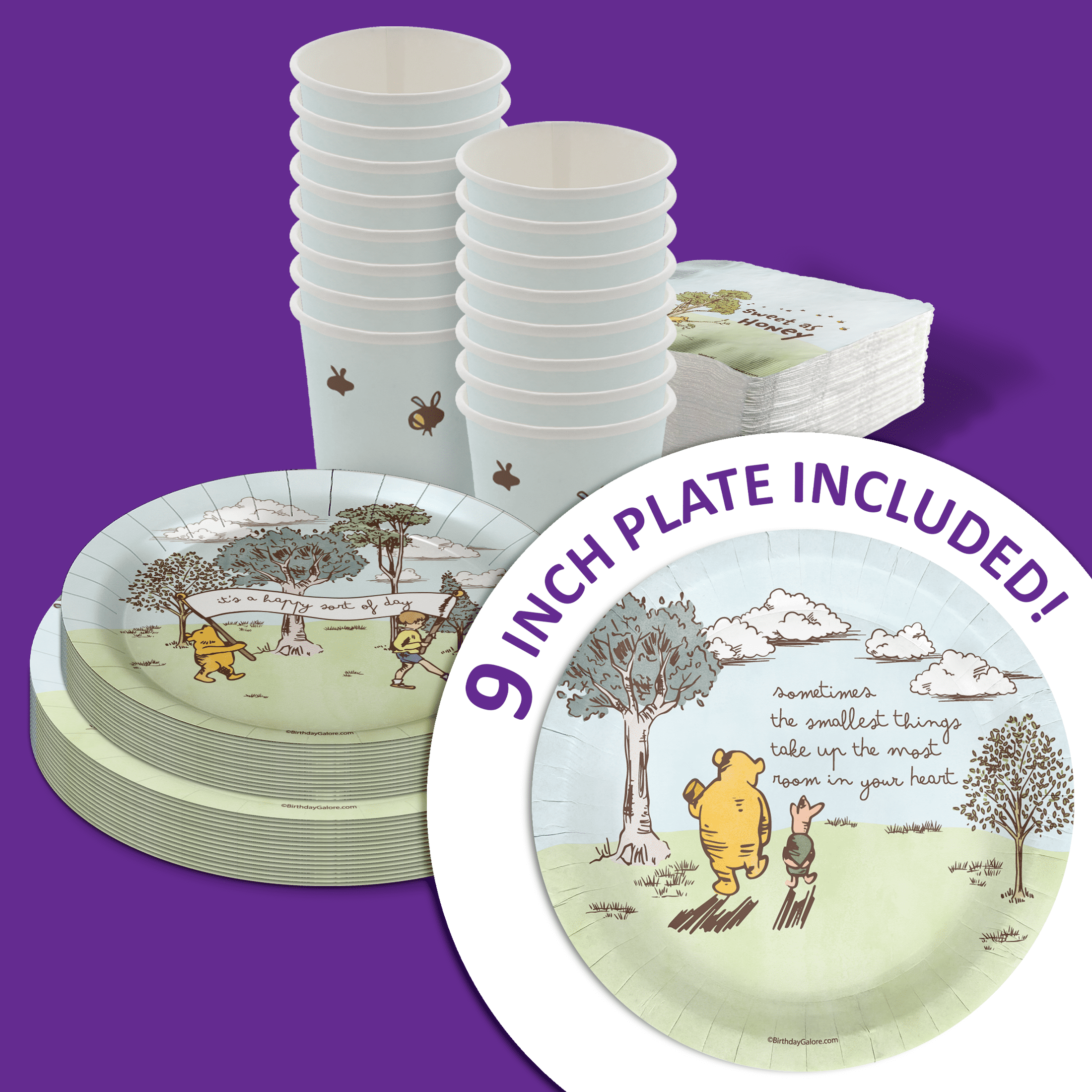 Pooh Bear Baby Shower Party Supplies - 64 Piece Summer Baby Shower Tableware Set Includes Large 9" Dinner Plates and 8" Dessert Paper Plates Napkins Cups - Kit for 16