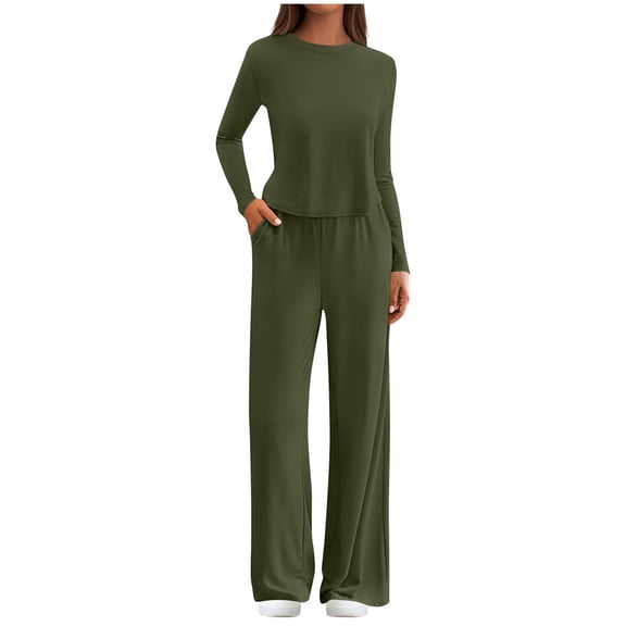 Fuwddey Lounge Sets for Women 2025 Round-Neck 2 Piece Outfits Airport Wide Leg Pants Matching Set Sweatsuits Tracksuit Set