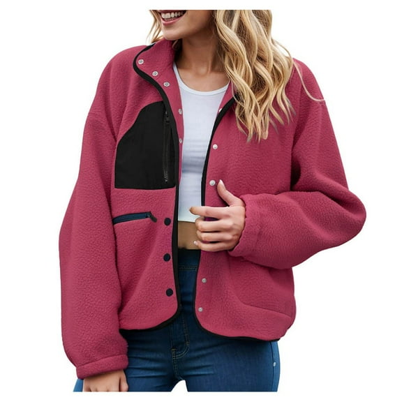 felwors Womens Fuzzy Fleece Jacket Fall Casual Long Sleeve Cropped Button Down Shacket Coats Outwear With Pockets Hot Pink, XL