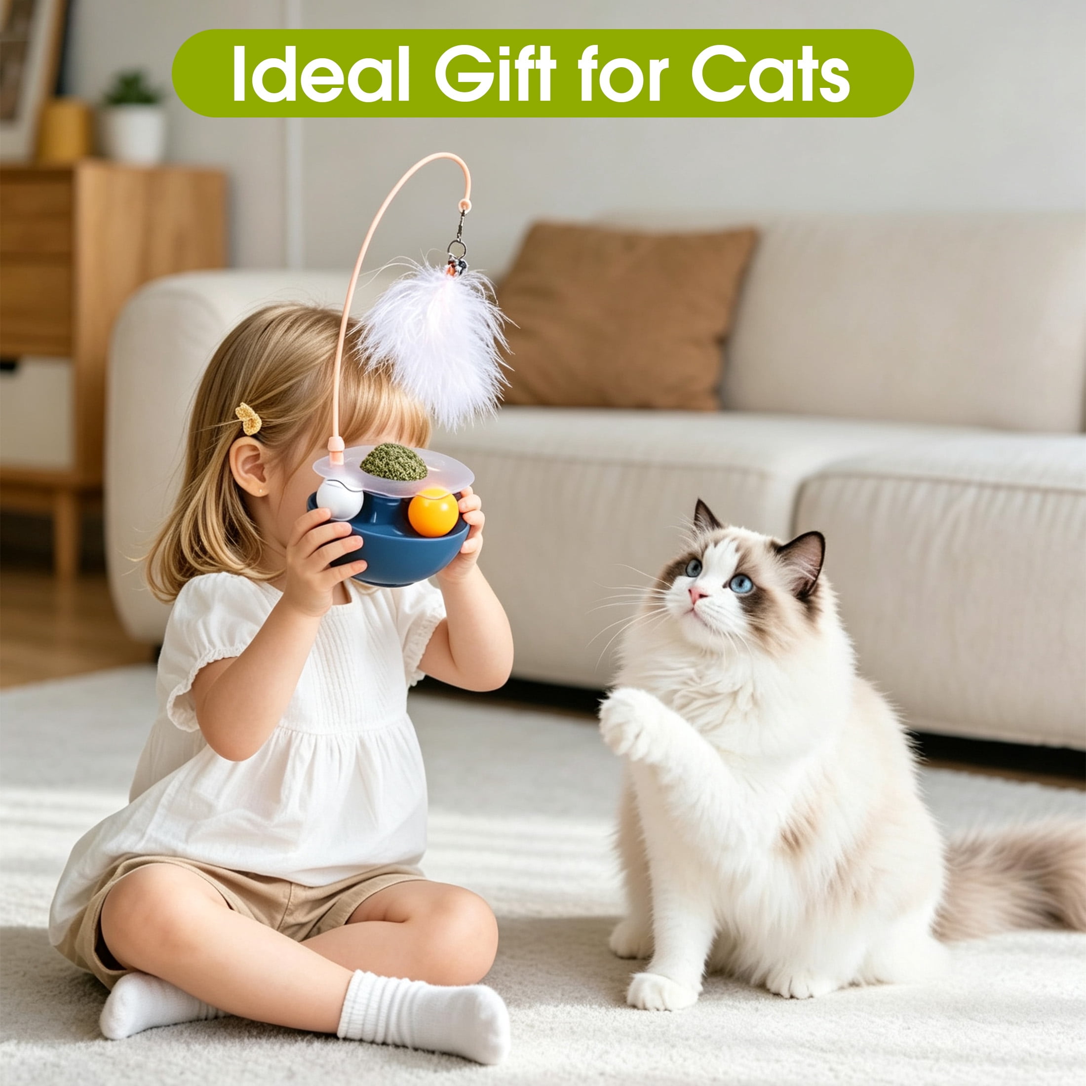 3 in 1 Interactive Cat Toy, Feather Wand Cat Teaser Toy with Bell, Cat Track Ball & Catnip Ball Combo, Self Play Wobble Kitten Toy for Indoor Cats