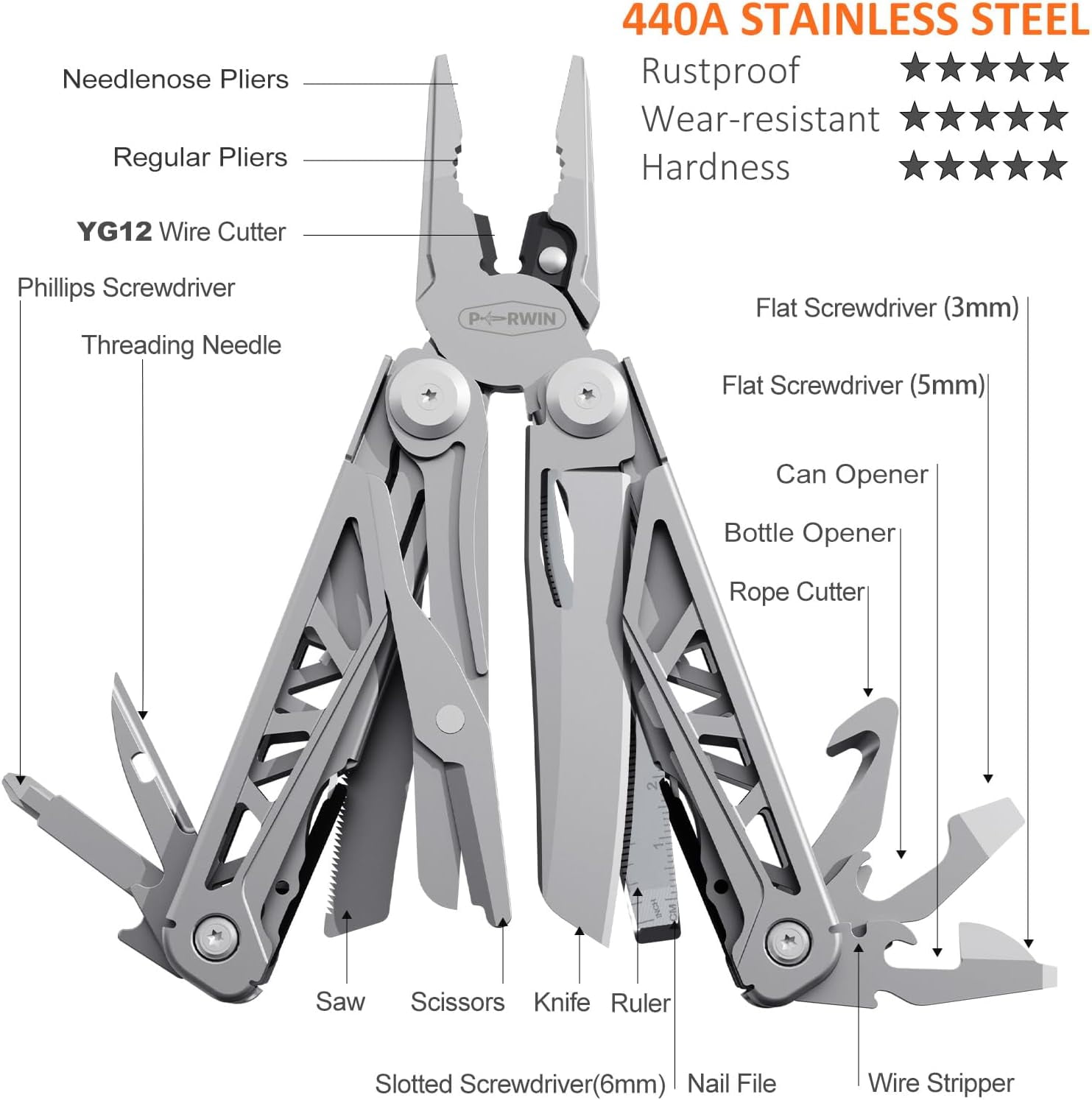 Multitool, 17-in-1 Stainless Steel Multi Tool Pliers with Self-Locking, Pocket Knife, Nylon Sheath, Professional (EDC) Multi-Tool for Survival, Camping and Hunting, Hiking, Gifts Men