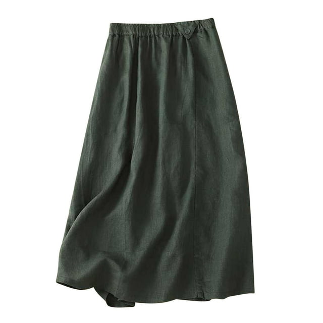 AherBiu Linen Skirts for Women A-Line High Waisted Ruched Loose Button Summer Casual Loose Long Skirt