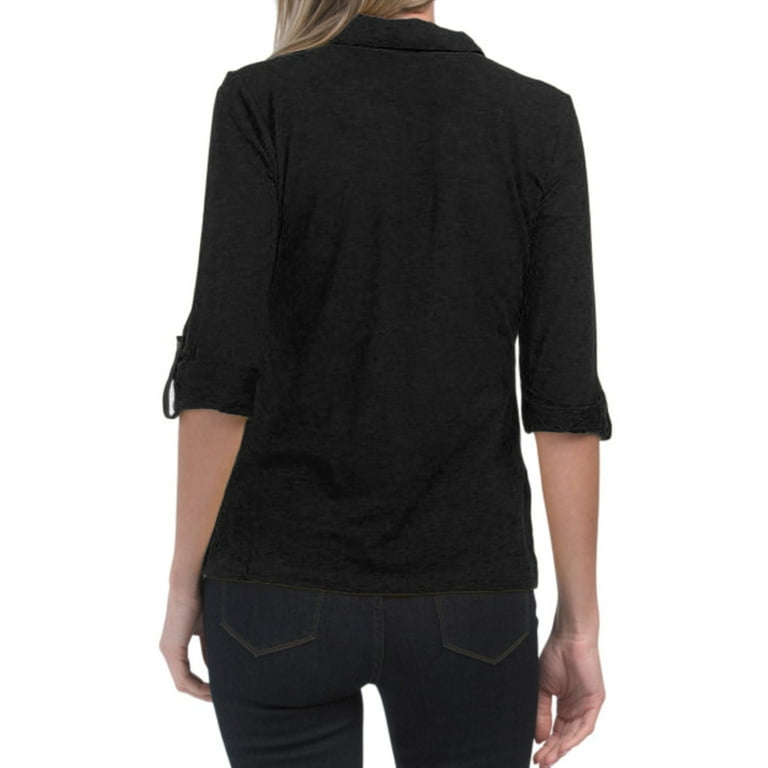 【新品未使用】ZOE loop neck tops black Petite Racer Neck Keyhole Long Sleeve Top | boohoo
