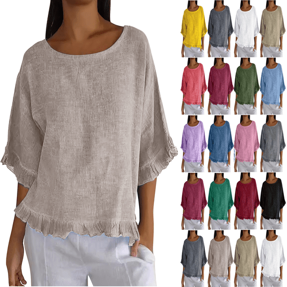 Women T Shirts Summer Tops Solid Cotton and Linen Ruffle Pleated Hem Tops Half Sleeve Round Neck Casual Shirt Tops Comfortable Shirts