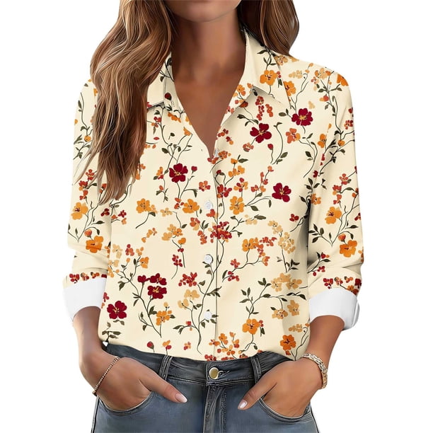 TaTaai Women Printed Casual Button Down Shirt Long Sleeve Collared Blouse Ladies Spring Autumn Daily Street Wear Soft Breathable Machine Washable No Fading Stylish Top Gift