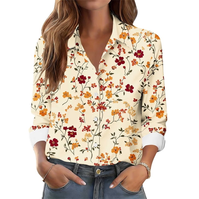TaTaai Women Printed Casual Button Down Shirt Long Sleeve Collared Blouse Ladies Spring Autumn Daily Street Wear Soft Breathable Machine Washable No Fading Stylish Top Gift