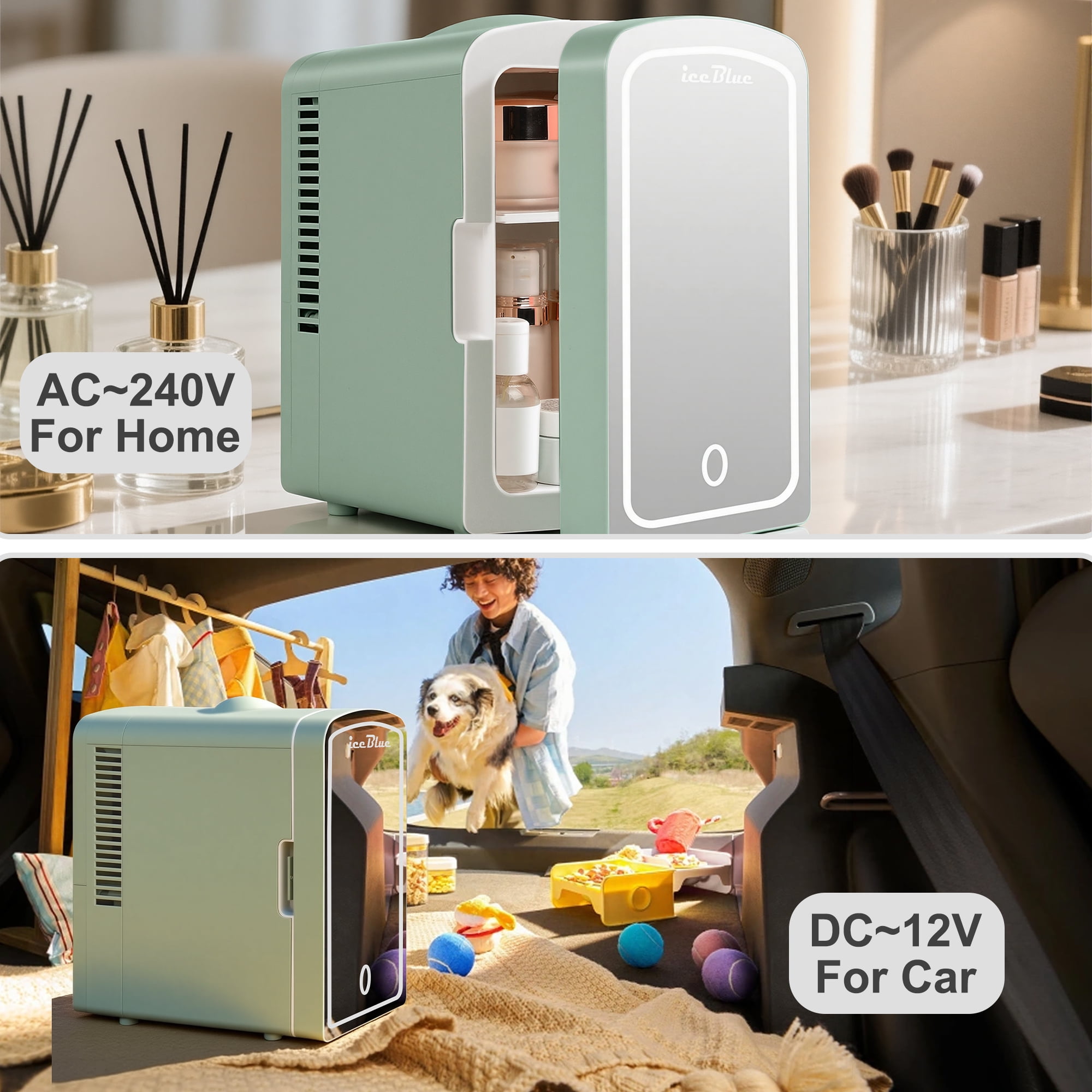 IceBlue Mini Fridge & Skincare Refrigerator with Mirror - 4L/6 Can Portable Cooler for Car/Home Cosmetic & Beverage Storage