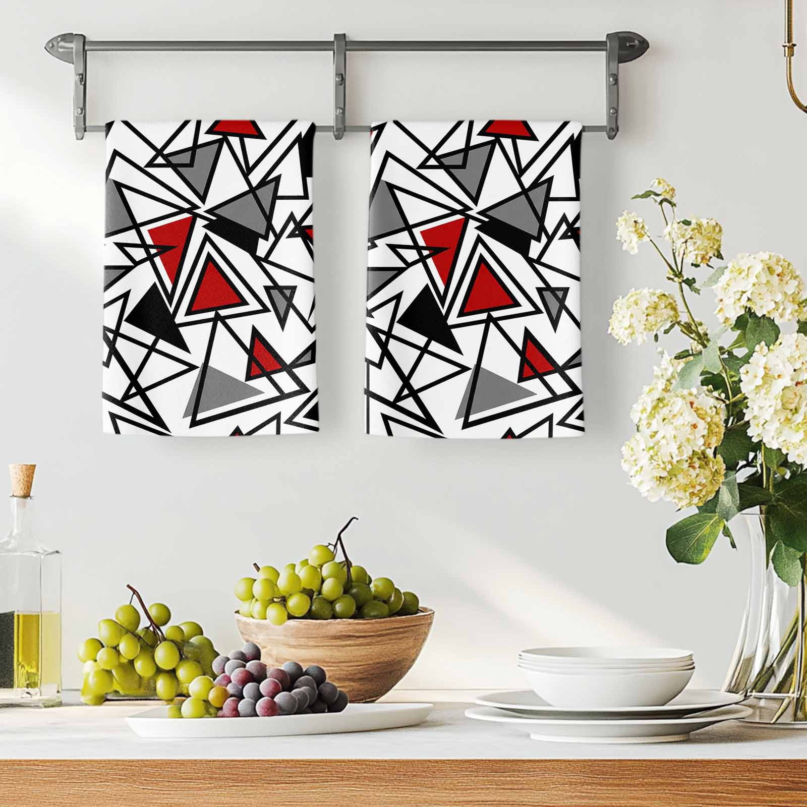Dish Towels, Red Grey Geometric Absorbent Kitchen Towels 2 PCS, Triangle Modern Art Microfiber Hand Towels Dish Cloths Tea Towels for Home&nbsp;Bathroom Cleaning Drying,18X28-Inch,