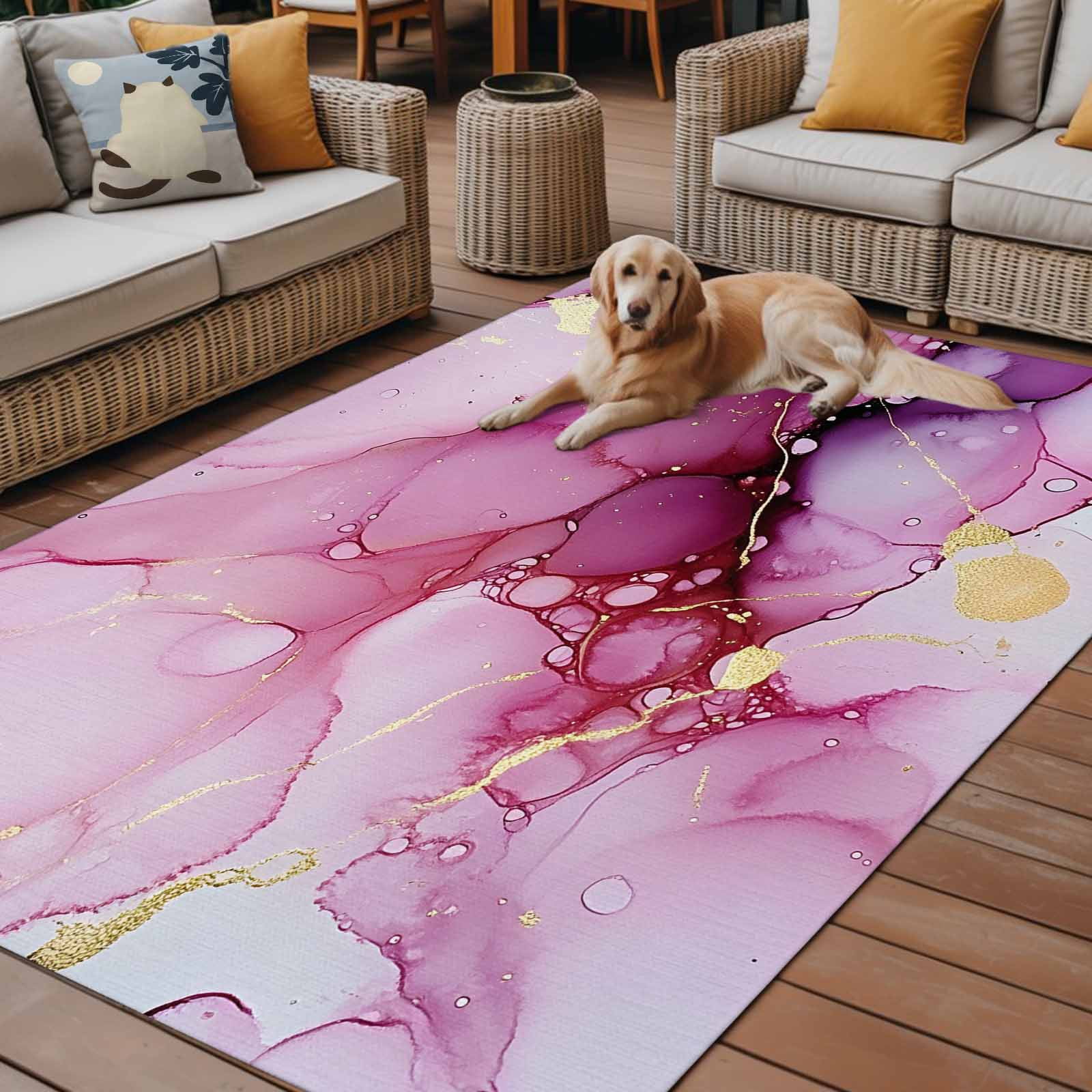 Outdoor Rug 5x8ft Ombre Pink Golden Marble Texture Large Area Rug Abstract Art Indoor Outdoor Carpet Outdoor Rugs Mats for Patio Camping,RV,Front Door, Outside Decor