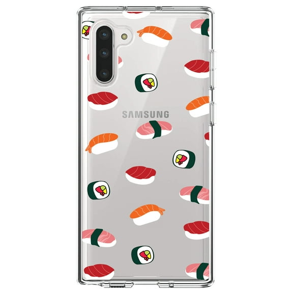 DistinctInk Clear Shockproof Hybrid Case for Samsung Galaxy Note 10 (6.3" Screen) - TPU Bumper, Acrylic Back, Tempered Glass Screen Protector - Cartoon Sushi