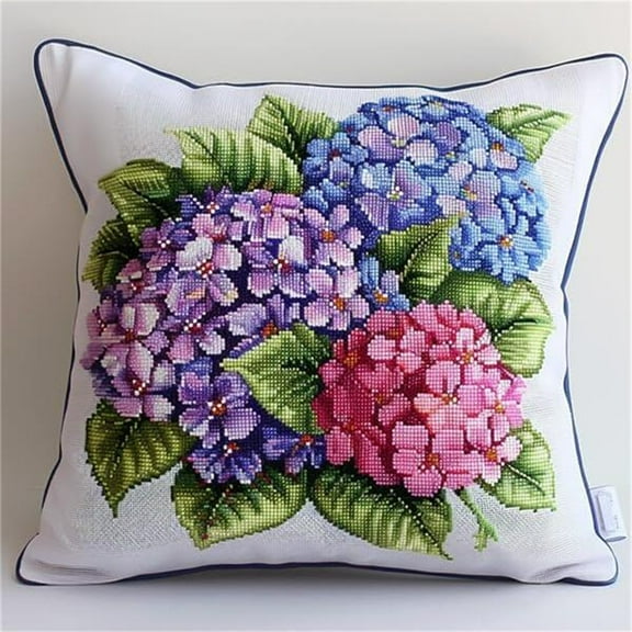 Cross Stitch Cushion Kit Hydrangea Tapestry pillow kit  DIY Cushion Embroidery Kit Needlepoint Handmade Needlework Cushion Kit Stitched Pillow Cover Kit for Adults Beginners 17x17 inches