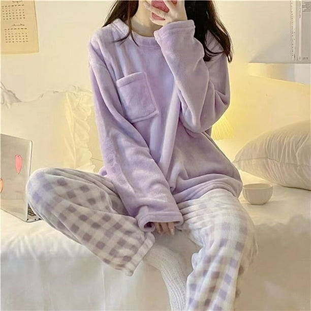 Pajamas Women'S New Autumn And Winter Flannel Cute Simple Loose Korean  Version Round Neck Coral Fleece Home Clothes 2-Piece Set