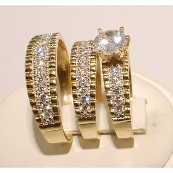 TAAPSEE JEWELS 14K Yellow Gold Finish Round Cubic Zirconia Couple Trio Wedding Ring Set