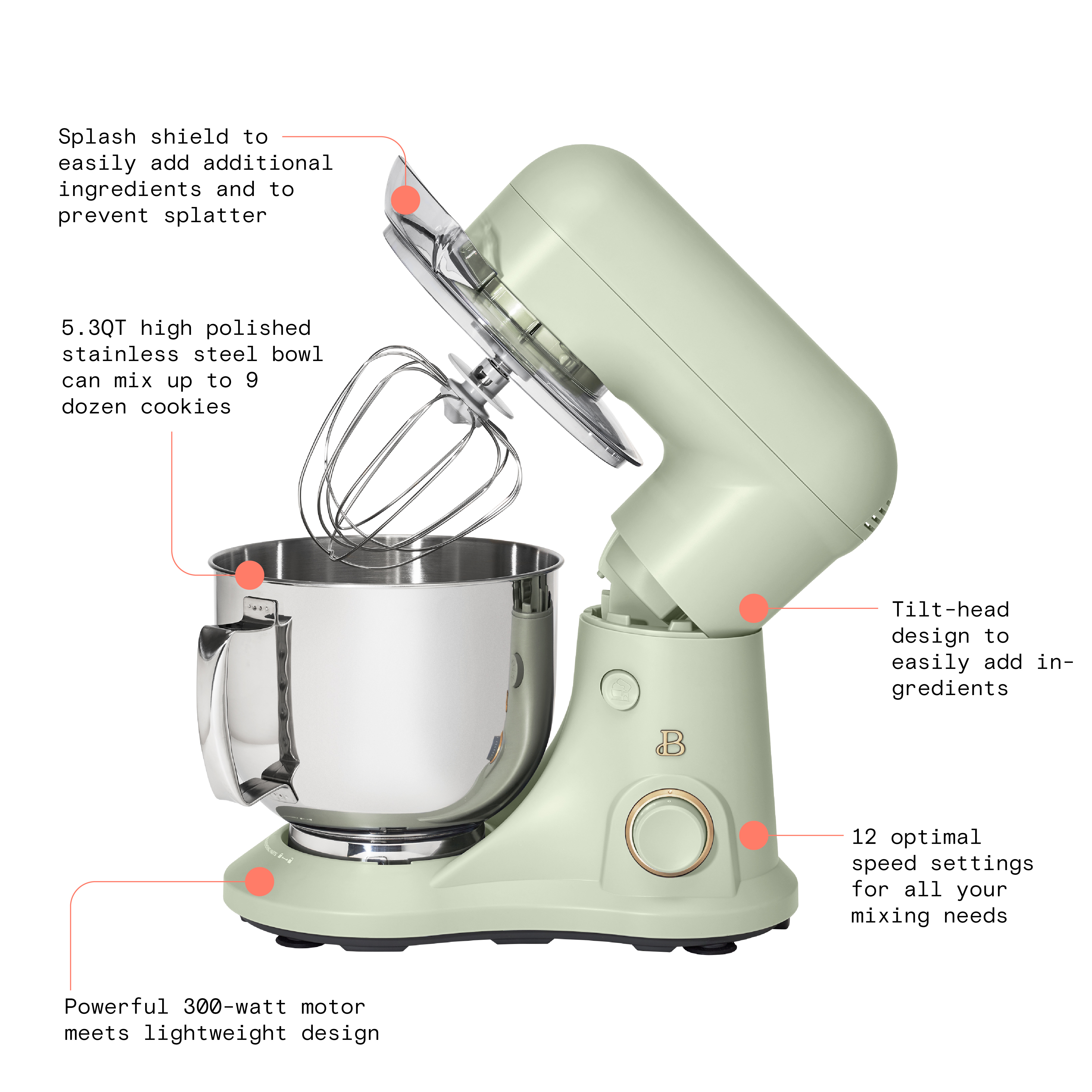 Beautiful 5.3 Qt Stand Mixer, Lightweight & Powerful with Tilt-Head, Sage Green by Drew Barrymore - image 4 of 15