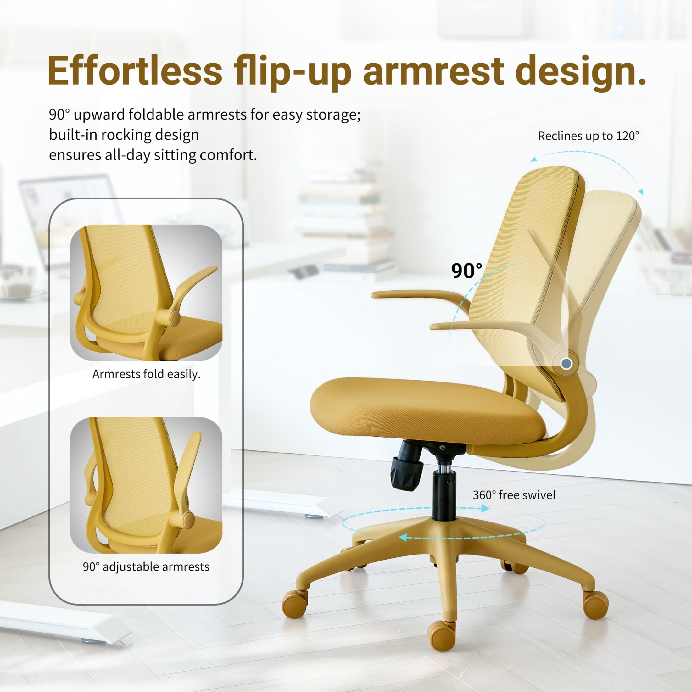 Noble House Ergonomic Mesh Swivel Office Chair, Lifting Multifunction Task Chair with Flip Arms and Mid-Backrest, Yellow