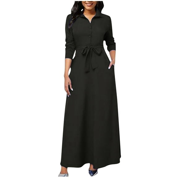 Dxzfnsa Long Dresses for Women Women's Comfortable Solid Color Lapel Button Dresses Long-Sleeved Waist Tie Slim Fit A Line Shirt Dresses