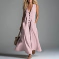 thumbnail image 2 of Makaor Dresses for Women Linen A Line Button Maxi Dresses Plus Size Sleeveless Dress Striped V Neck Beach Vacation Clothes with Pockets Red M, 2 of 7