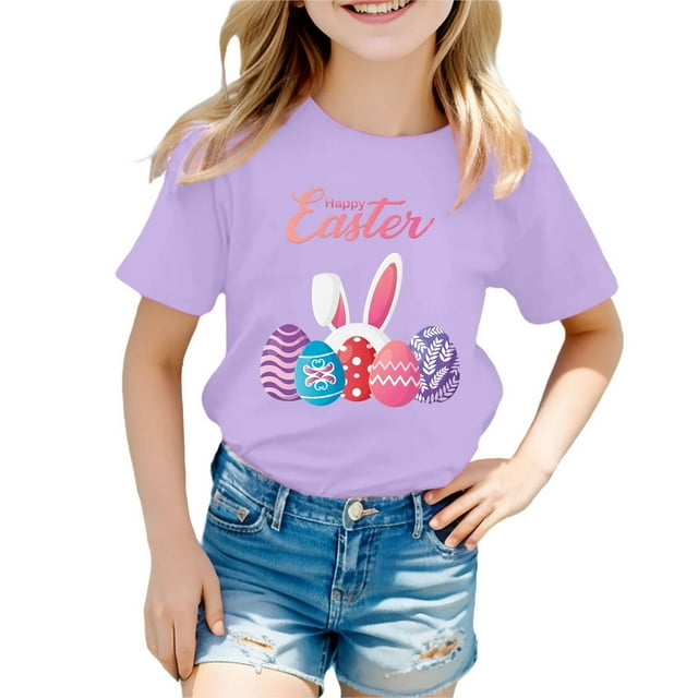 MIASHUI T-Shirt à Manches Courtes pour Enfants Joyeuses Pâques Imprimé Lapin Œuf, Violet, 8-9 Ans