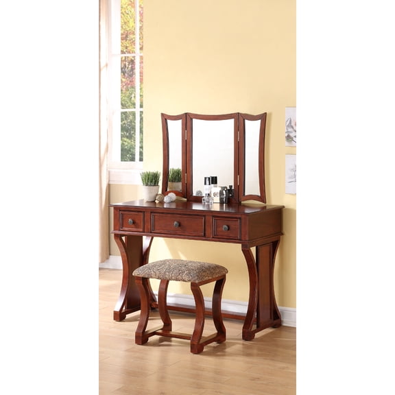 Modish Vanity Set Featuring Stool And Mirror Cherry Brown - Saltoro Sherpi