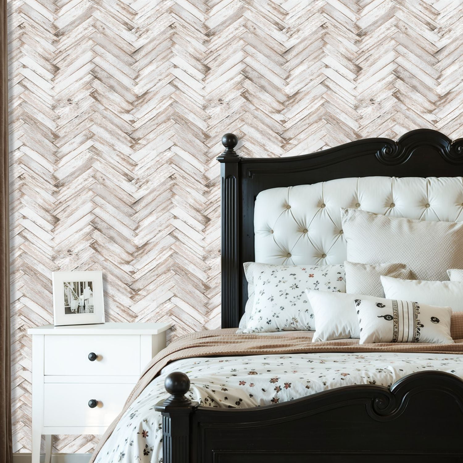 Vintage Peel and Stick Wallpaper Rustic Whitewashed Wood Herringbone Wall Mural 23.6in x 9.8ft Self Adhesive Removable Wall Paper Renter Friendly Wallpaper for Nursery Bedroom Cabinets