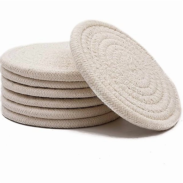wonima02 Absorbent Drink Coasters Handmade Braided Drink Coasters 6 Pack (4.3 Inch, Round, 8mm Thick) Super Absorbent Heat-Resistant Coasters for Drinks Great Housewarming Gift (Beige, 6 Pack)