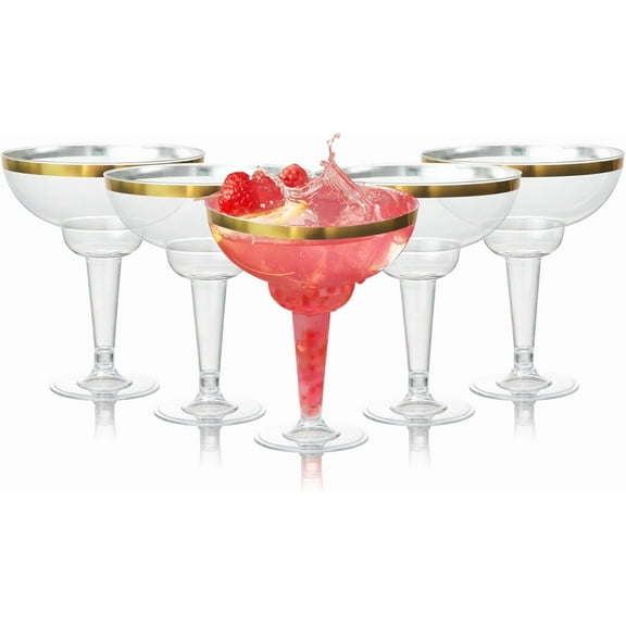 Matana 12 oz Disposable Reusable Gold Rim Plastic Margarita Glasses Set of 12