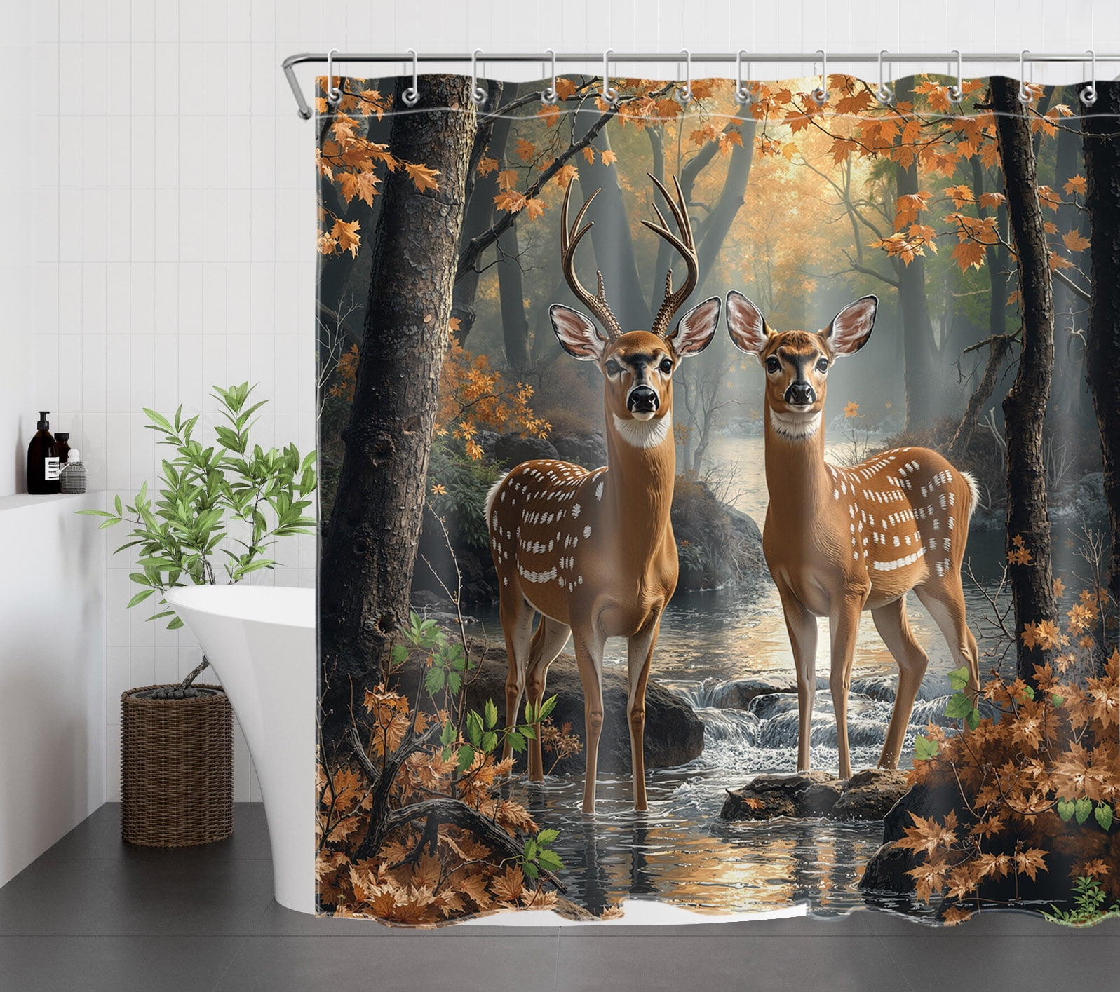 Deer Shower Curtain Fall Forest Landscape Wild Animals Trees and Plants Nature Art Bathroom Shower Curtain Home Decor Waterproof Durable Shower Curtain Accessories with 12 Hooks 72x78 Inches