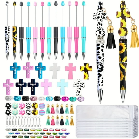 112 Pcs Beadable Pens Bulk Jesus Assorted Colors Beads Tassels DIY Making Kit Multicolor Cross for Pens BallPoint Pen for Office Christian Bible Gifts