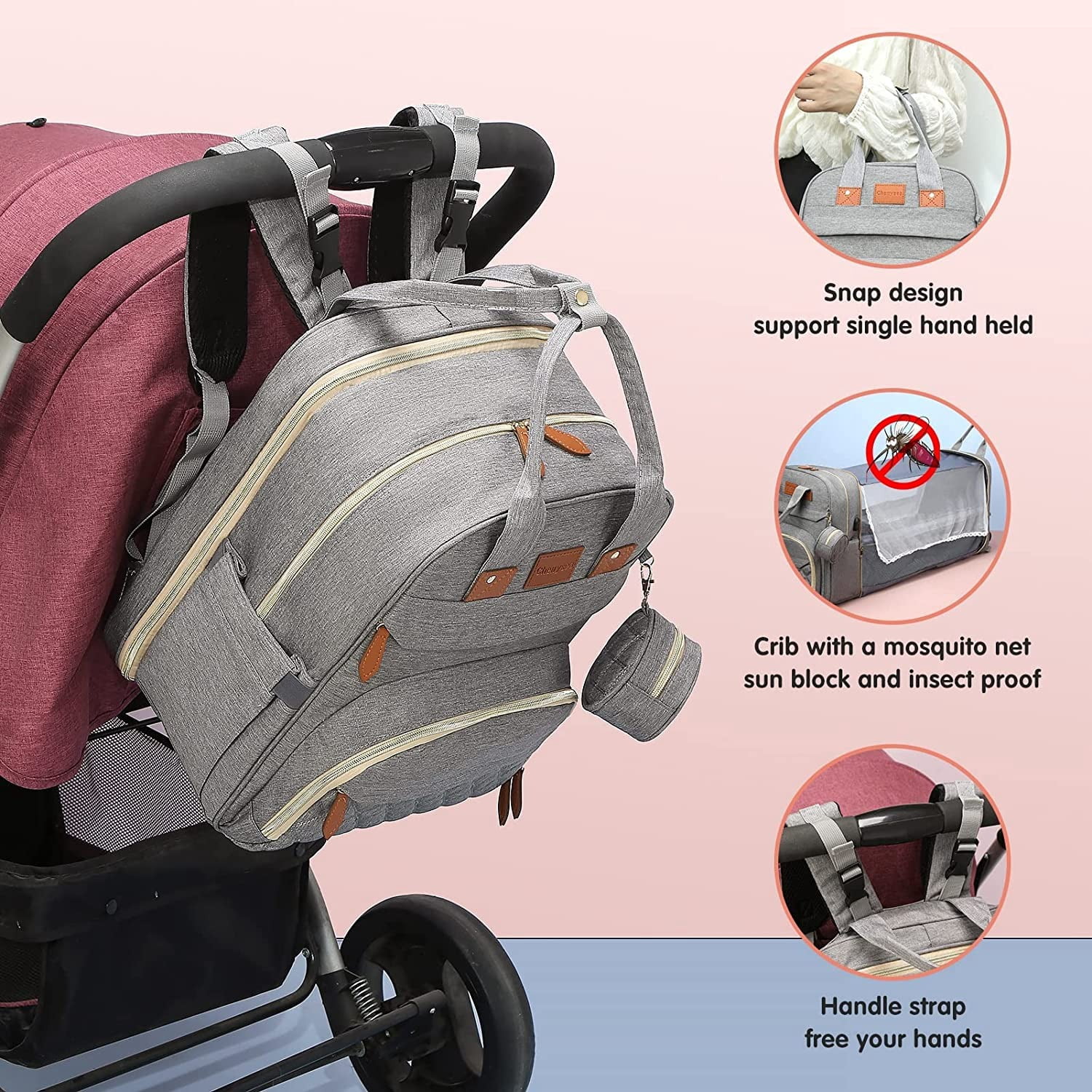 RsenFremior 3 in 1 Diaper Bag Backpack, Foldable Baby Bed Waterproof Travel Bag with USB Charge& Insulated Pockets, Large Unisex Diaper Bag Backpack for Baby