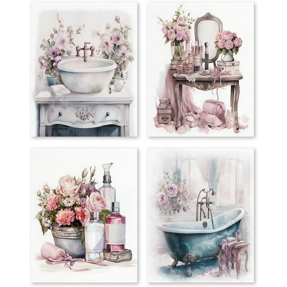 Bathroom Wall Art Canvas Print,Vintage Bathtub Art Posters Pink Floral Art,Living Room Bedroom Bathroom Wall Decor,Set of 4(8 * 10inch,Unframed).