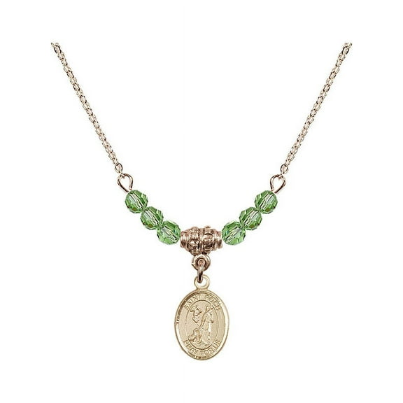 18-Inch Hamilton Gold Plated Necklace with 4mm Green August Birth Month Stone Beads and Saint Roch Charm