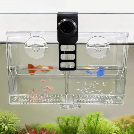 Dual-Chamber Aquarium Fish Breeder & Isolation Box, Transparent Hatching Incubator Tank with Suction Cups & Hook, Nursery for Livebearer Guppy Fry Breeding and Betta Fish, Shrimp Quarantine
