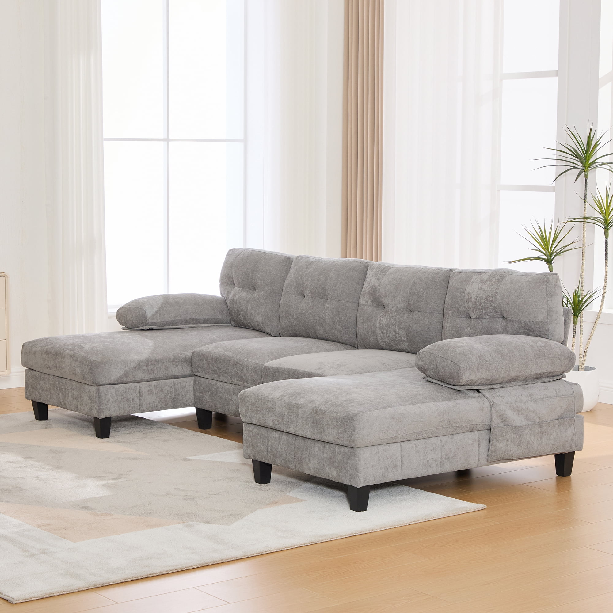 Leumius U Shaped Sectional Sofa, 103.5" Chenille Fabric Couch with Double Chaise Lounges, U Shaped Couch for Living Room, Gray