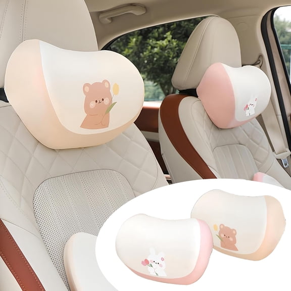 Car Headrest Pillow 2PCS Auto Headrest Cushion Memory Foam Car Seat Neck Pillow - Comfort and Style On The Go Memory Foam Head Pillow Bear and Bunny Neck Support (Bear & Rabbit)