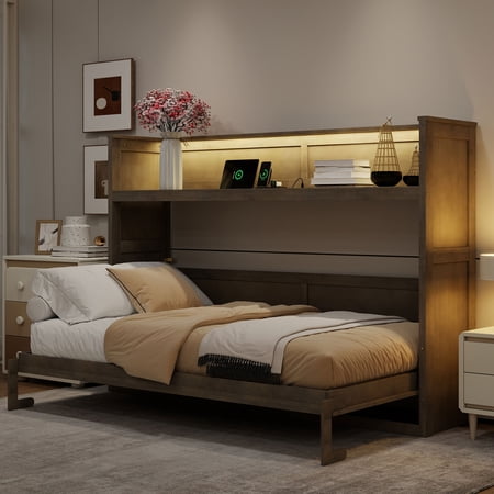 Euroco Wood Twin XL Murphy Bed with Desk and LED Light, Storage Wall Bed with USB Charging Station
