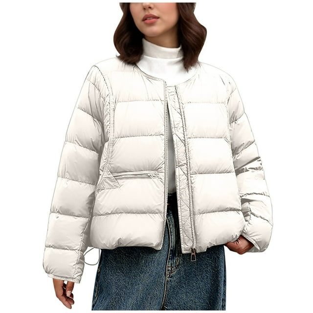 Women's Drawstring Hem Puffer Round Neck Short Quilted Jacket Lightweight Loose Fit Winter Warm Casual Street Style with Pockets