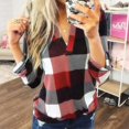 thumbnail image 2 of Camisa de mujer con estampado a cuadros y cuello en V, manga larga, algodón, camiseta de primavera, gris, 3XL, 2 of 4