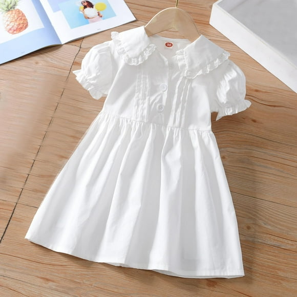 JDQJBZ Robe à Manches Courtes pour Tout-Petits, Col en Dentelle, Robe de Fête Unie Blanche pour 2-14 Ans