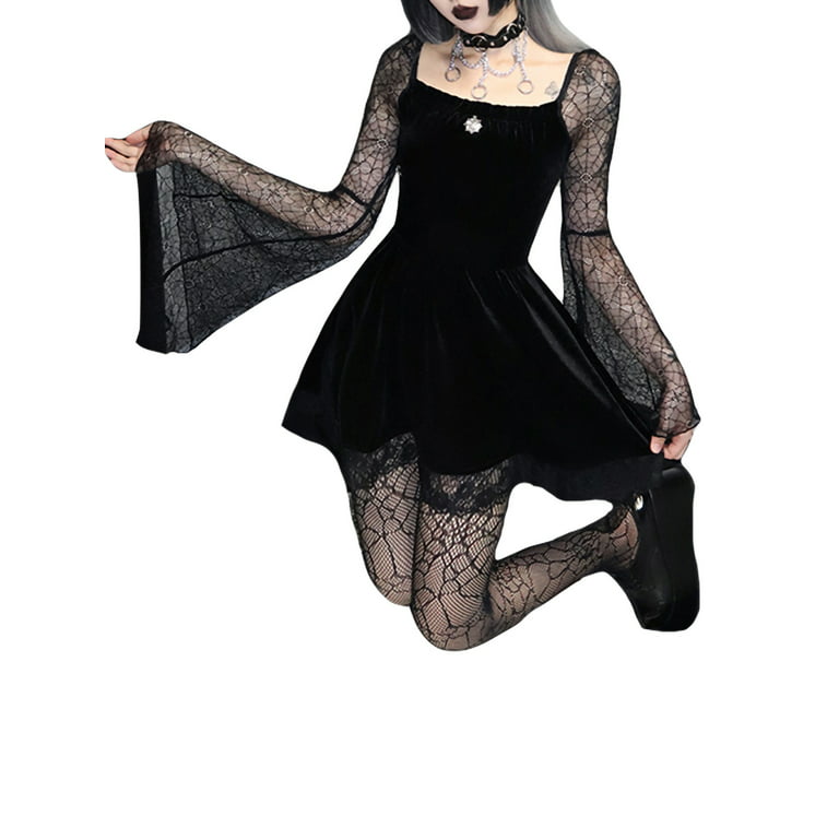 Women's Gothic Dress Punk Lace Patchwork Dress High Waist Long Sleeve  Ruffle Collar A-Line Party Dress Cosplay 