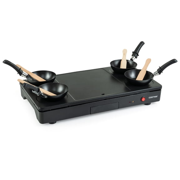 Costway 1000W Electric Grill Griddle Raclette Table Grill with 4 Nonstick Woks & Wooden Spatulas