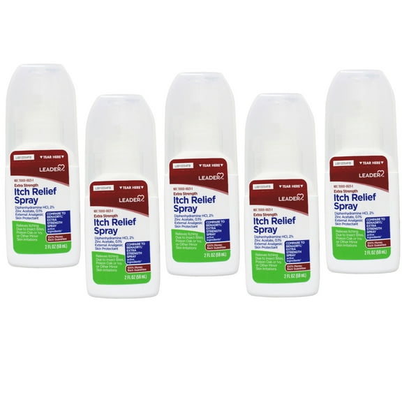 Leader Itch Relief Spray, Diphenhydramine HCl 2% and Zinc Acetate 0.1%, 2 Fl Oz - 5 Pack