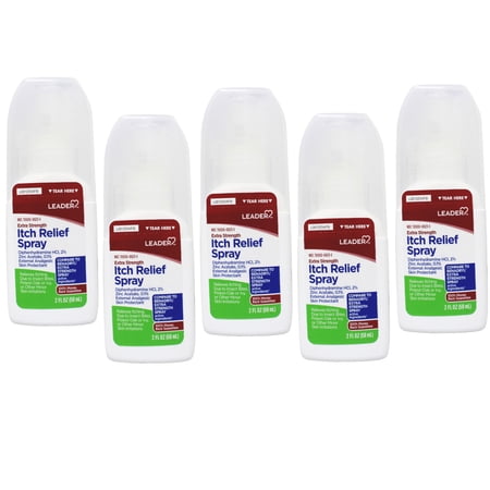 Leader Itch Relief Spray, Diphenhydramine HCl 2% and Zinc Acetate 0.1%, 2 Fl Oz - 5 Pack