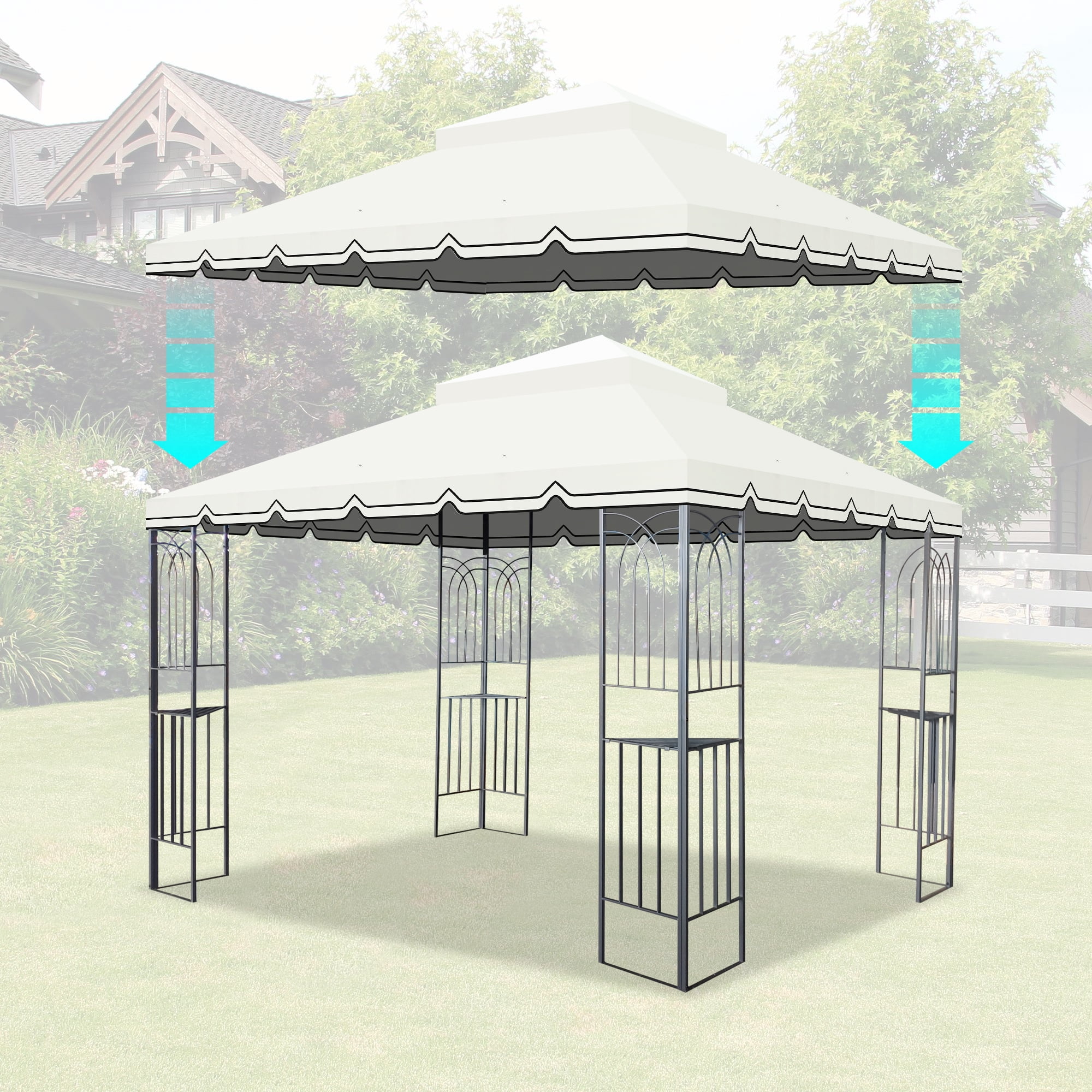 10x10 Ft Outdoor Patio Gazebo Replacement Canopy,Double Tiered Gazebo Tent Roof Top Cover for Outdoor Garden Patio,Beige